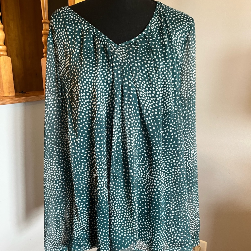 Boden Green Elegant Polkadot Sheer Long Sleeve V-Neck Blouse Size 18